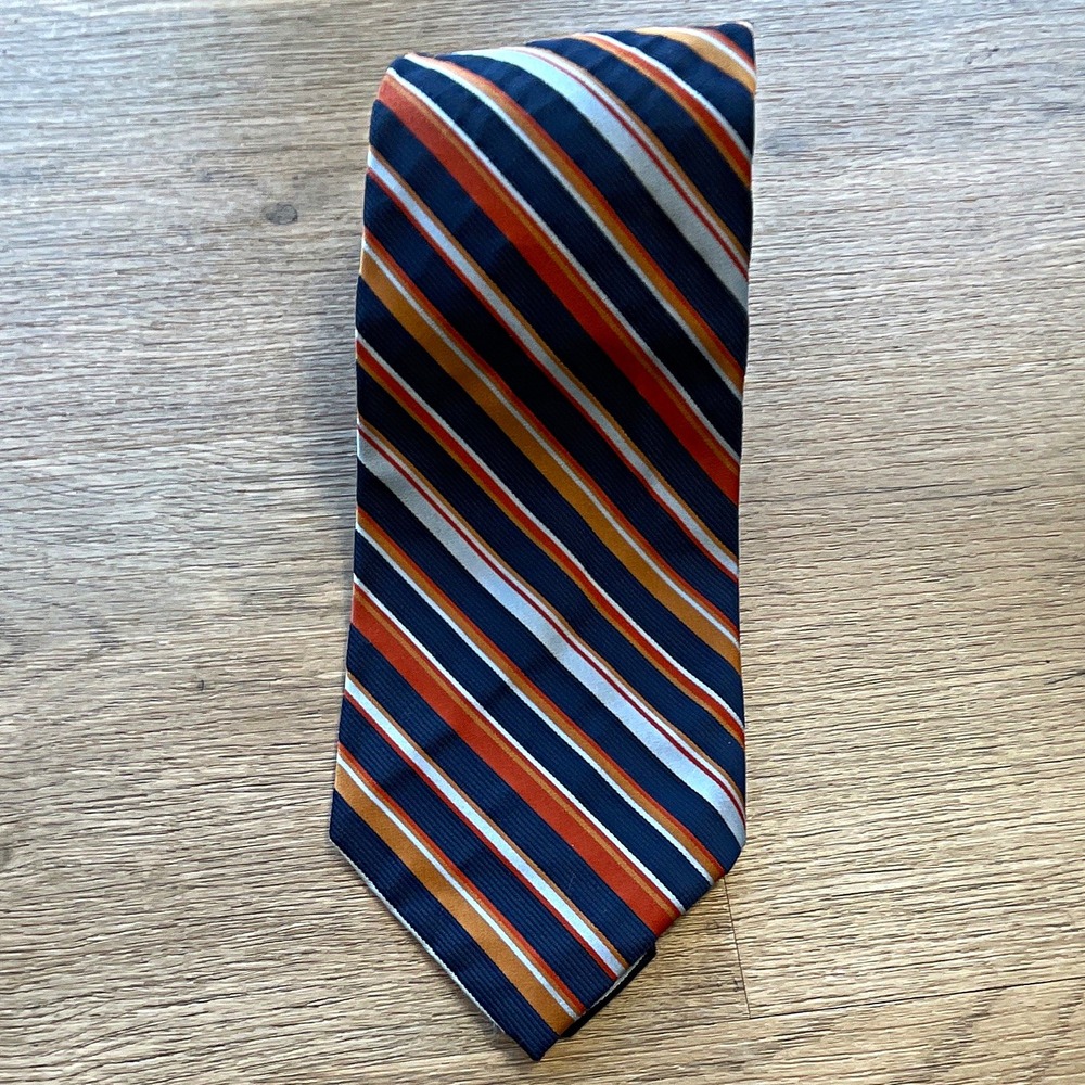 Qiana by Don Loper Men's Textured Nylon Tie Blue Orange Brown White Striped